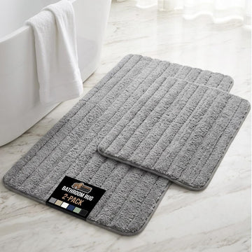 Memory Foam Bathroom Rugs, Soft Absorbent Textured Rubber Backing Striped Bath Mat, Set of 2 Machine Washable Quick