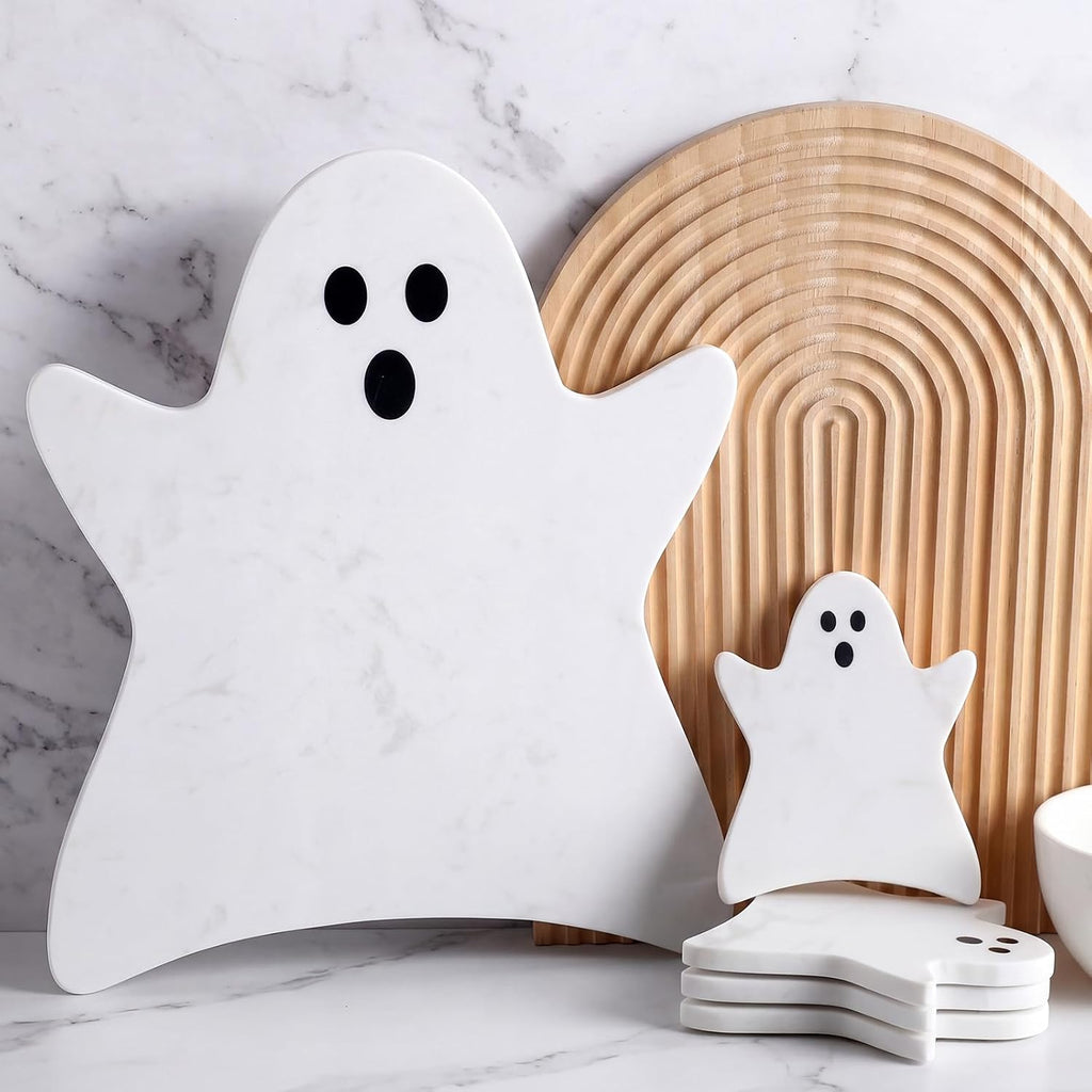 Halloween Ghost Marble Cheese Board with 4 Ghost Coasters Set Charcuterie Cutting Tray Halloween Marble Serving