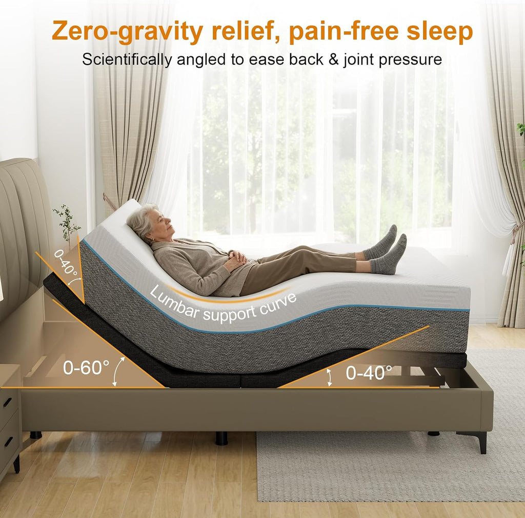 Queen Adjustable Bed Frame with Mattress Head and Foot Lift & Head-Pillow-Tilt, Electric Bed Base with Under-Bed LED