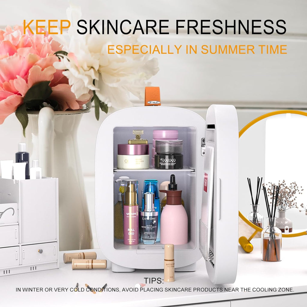 Mini Fridge for Bedroom Mirror Skincare Cooler & Warmer Portable Small Refrigerator 4 Liter/6 can with 12v AC/DC/USB
