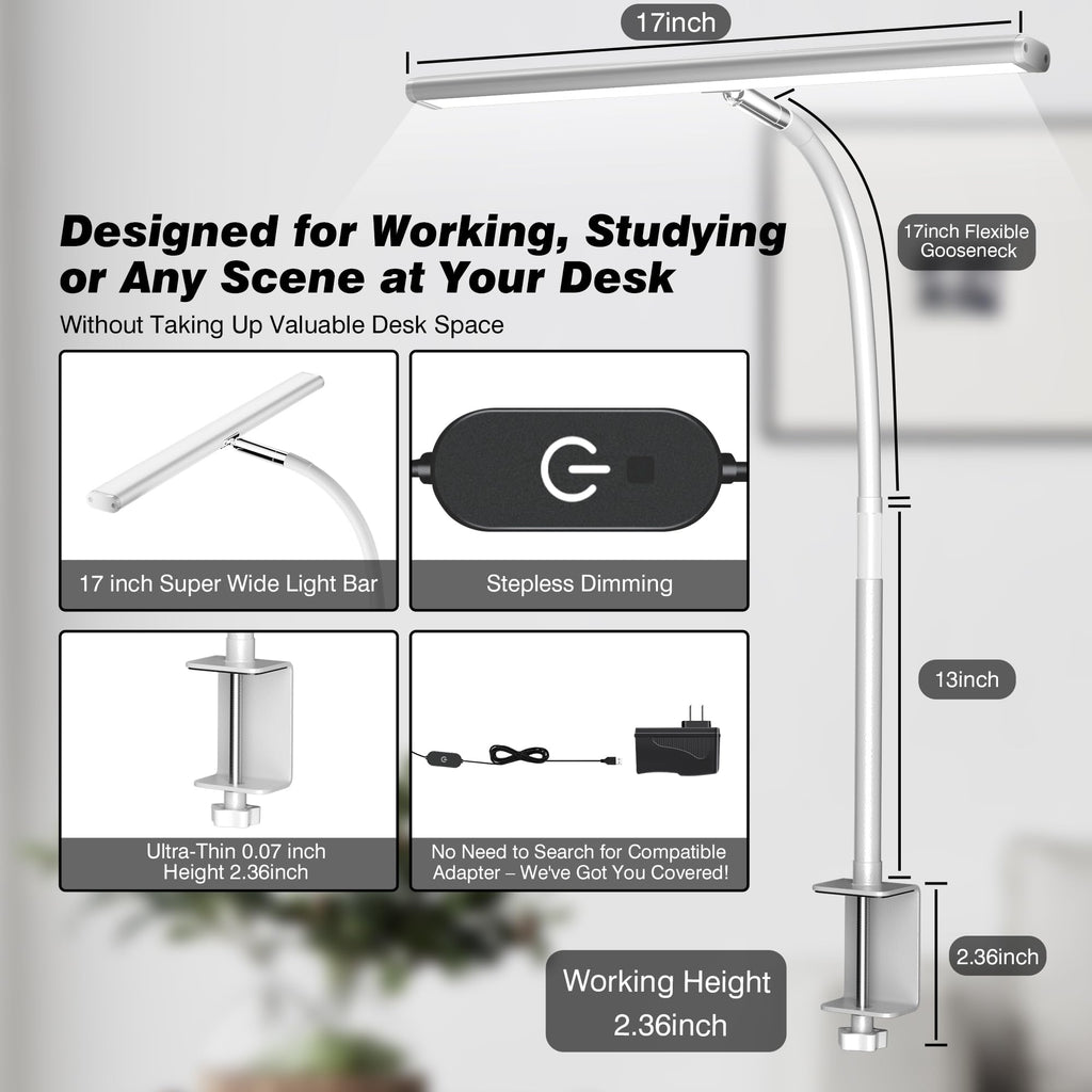 LED Desk Lamp with Clamp, 17" Stepless Dimming Light, White