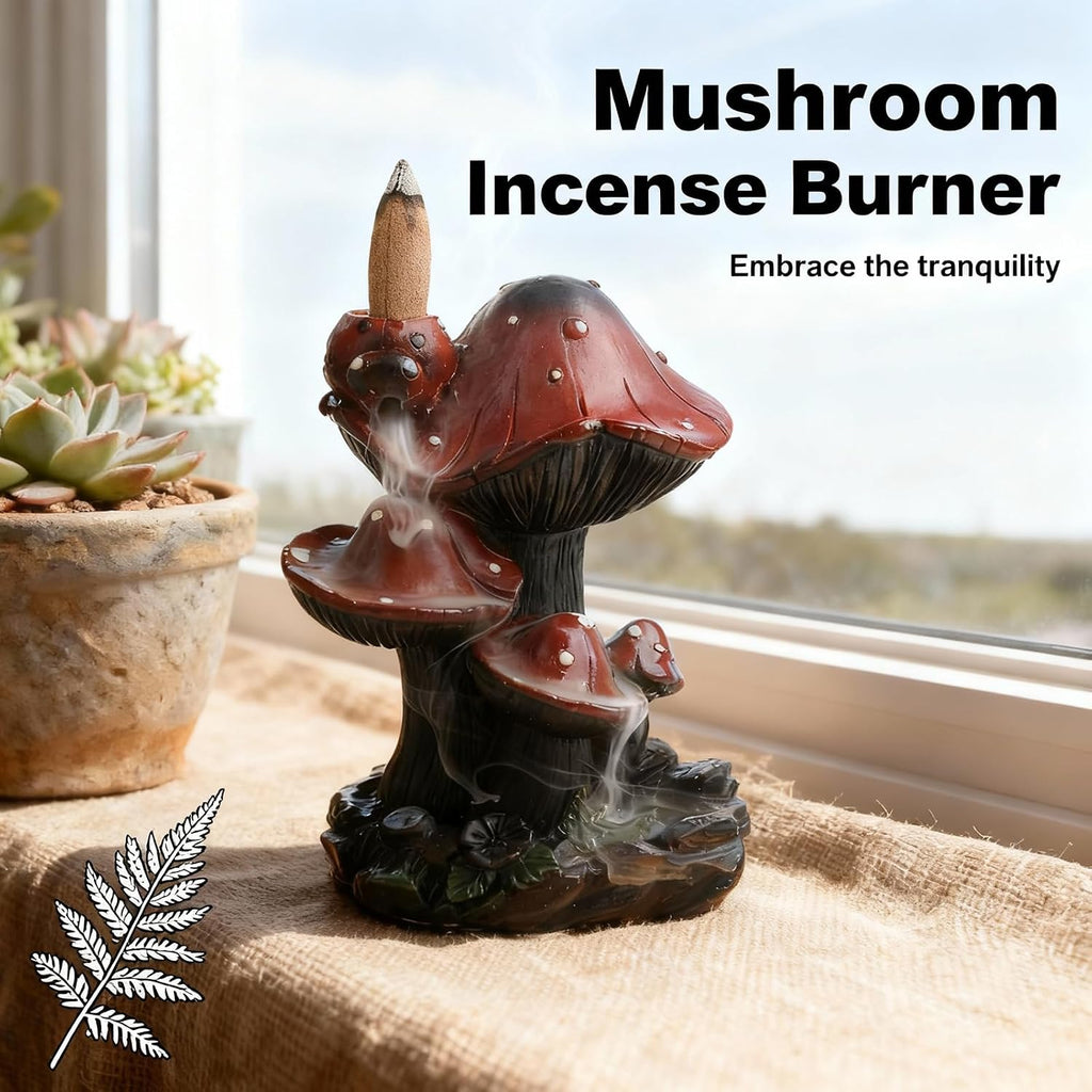 Incense Holder Waterfall Backflow Incense Burner Mushroom Decor with 20 Cones, Resin Relaxation Burner for Palo - Set of 20