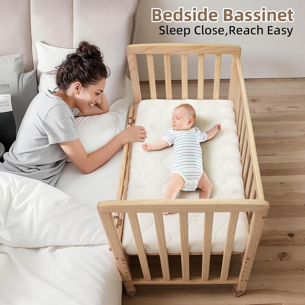 Baby Bassinet Bedside Sleeper,Portable Mini Baby Crib | Mattress Included,New Zealand Pine Wood,6 Adjustable