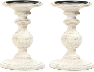 Set of 2 Antique White Wooden Pillar Candle Holders - 7 Inch Rustic Farmhouse Candlestick Stand, Distressed Candle