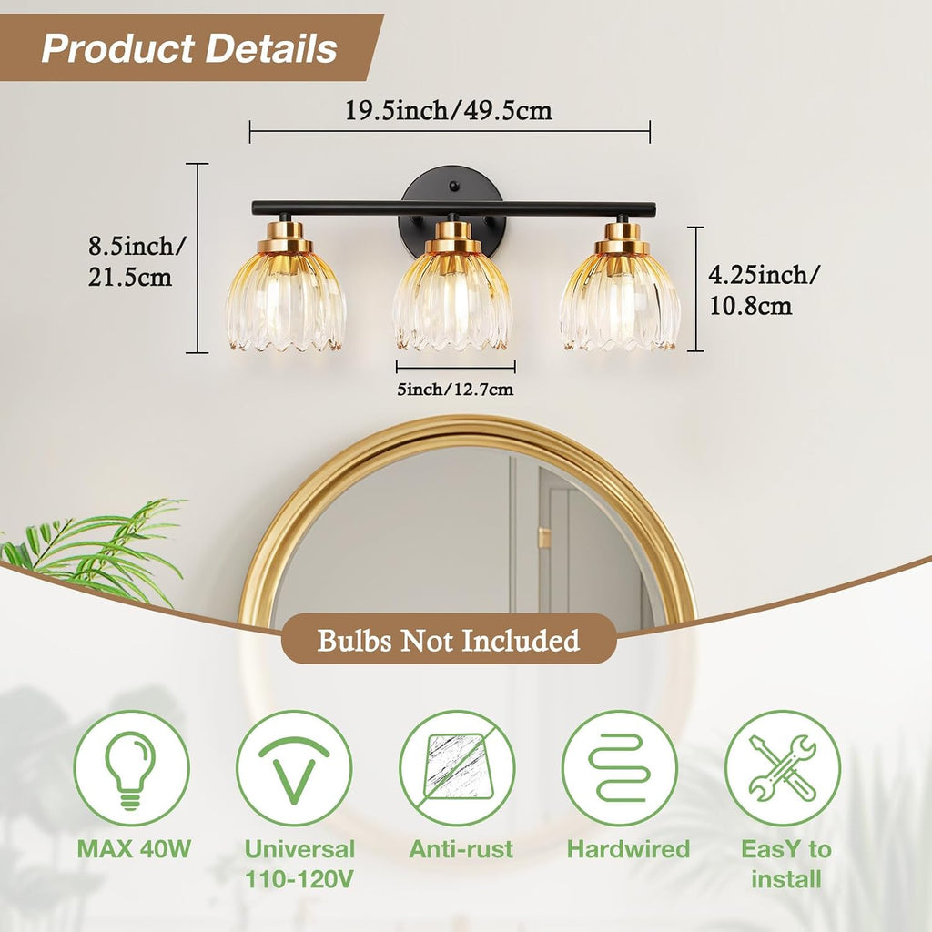 Black Gold 3-Light Bathroom Vanity Light with Amber Tulip GlassShade | Modern Vanity Lighting Fixtures, Bathroom