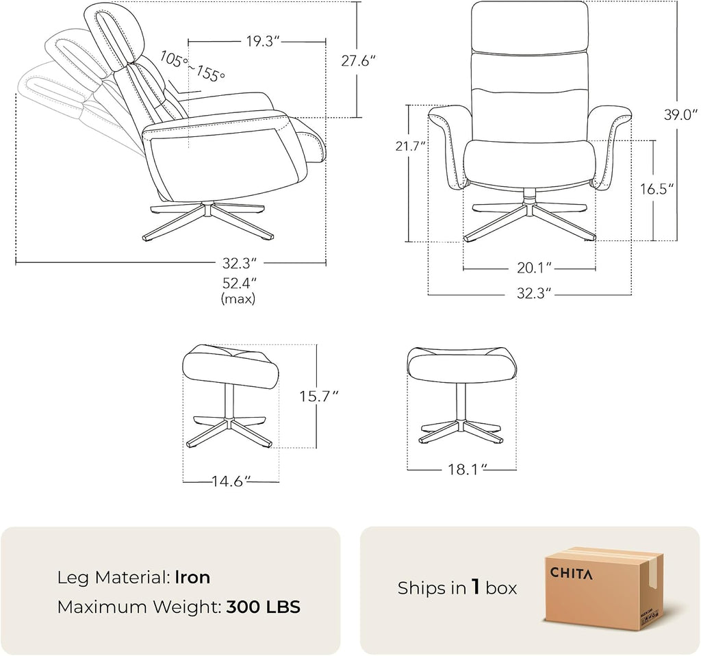 Modern Reclining Swivel Lounge Chair and Ottoman — Genuine Leather