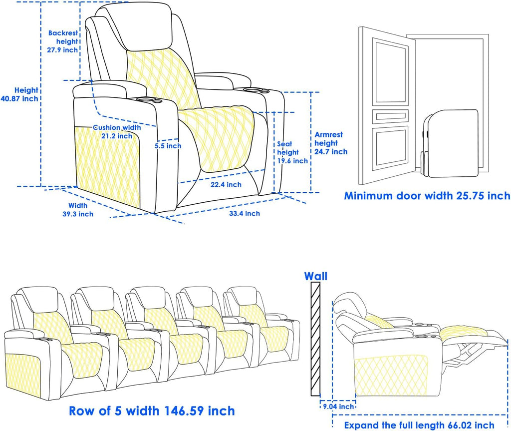 Chic Top Grain Leather Home Theater Seating Power Headrest Recling Movie Gaming Recliner Sofa with 7 Colors Ambient