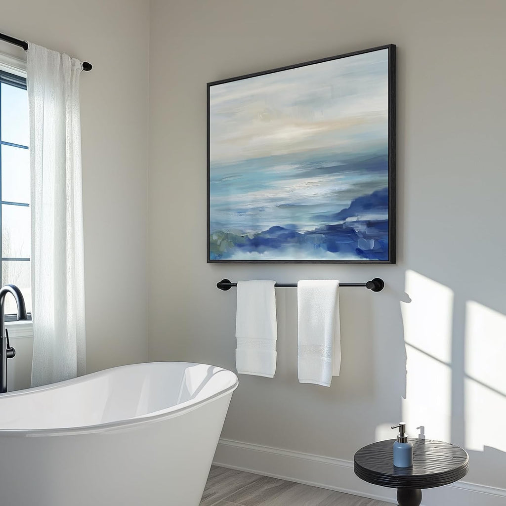 Framed Blue Abstract Wall Art , Large Coastal Canvas Artwork for Walls Decor, Seascape Square Beach Ocean Minimalist
