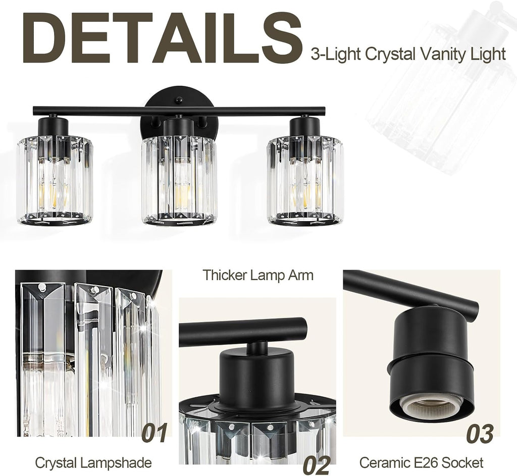 Modern Black Crystal Bathroom Light Fixtures,3-Light | Bathroom Lighting Fixtures over Mirror,Vanity Lights for