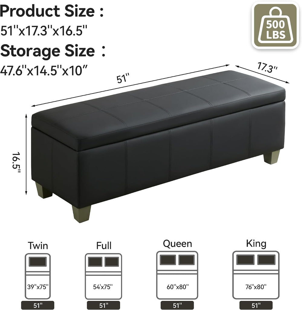 51" Faux Leather Storage Ottoman, Stitch Tufted Rectangle Upholstered End of Bed Storage Bench, Entryway Large Couch