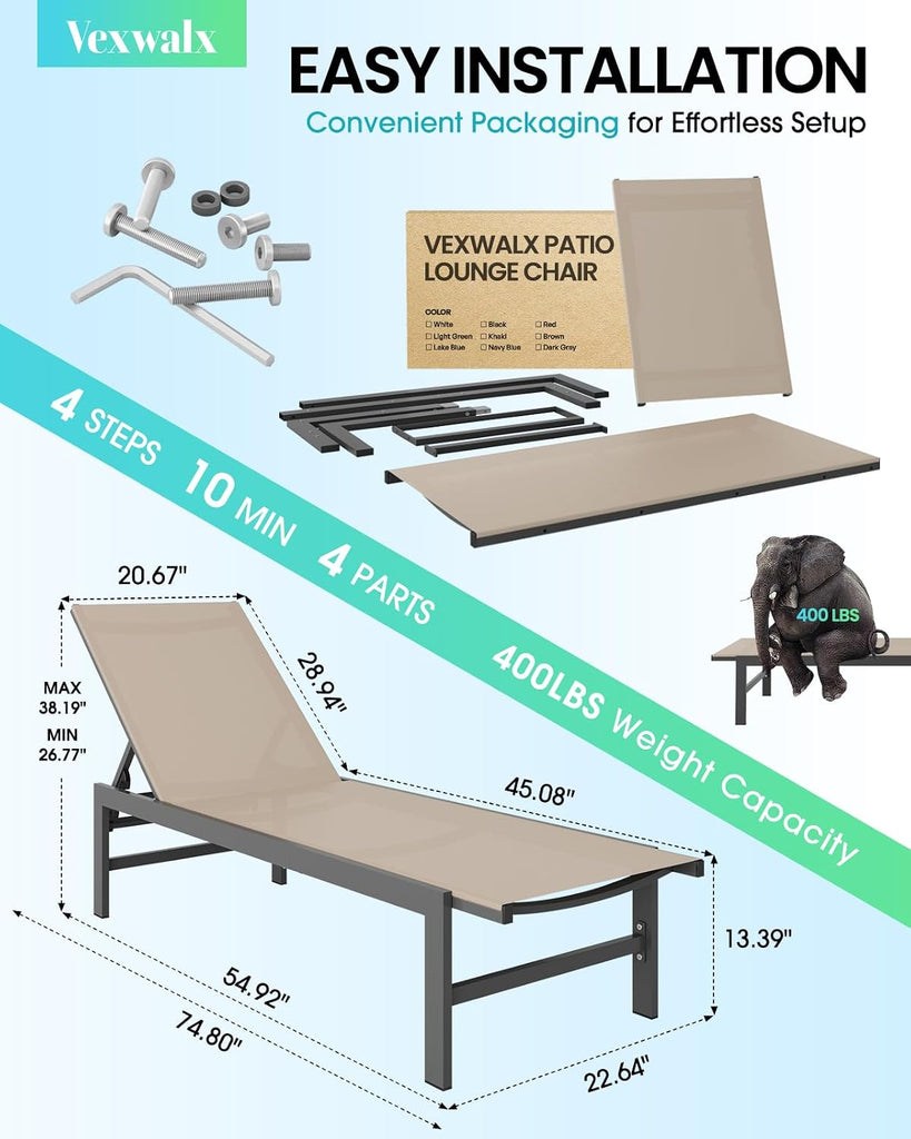 Pool Lounge Chairs Set of 2, Aluminum Lounge Chair Outdoor with 5-Position Recliner, Patio Chaise Lounge Outdoor for