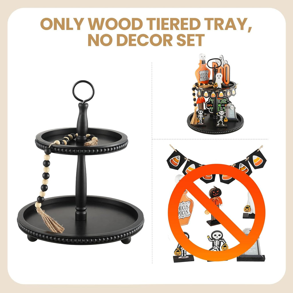 Beaded Tiered Tray Stand, Rustic Wooden 2 Tier Decorative Tray with Bead Garland, Farmhouse Round Wood Serving Tray