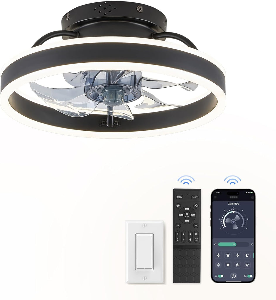 Low Profile Ceiling Fans with Lights and Remote, 13 Inch Fandelier Ceiling Fan with Light, Black Modern Flush Mount Ceiling Fan, Small Dimmable LED Fan Lights for Bedroom