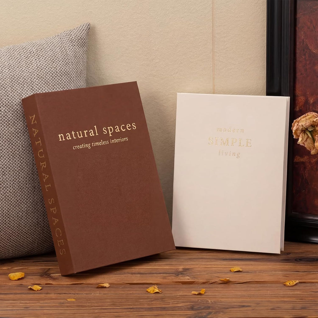 Elegant Decorative Books Set of 2, Linen Covered Decor Books with Gold Lettering & Magnetic Clasps for Storage.