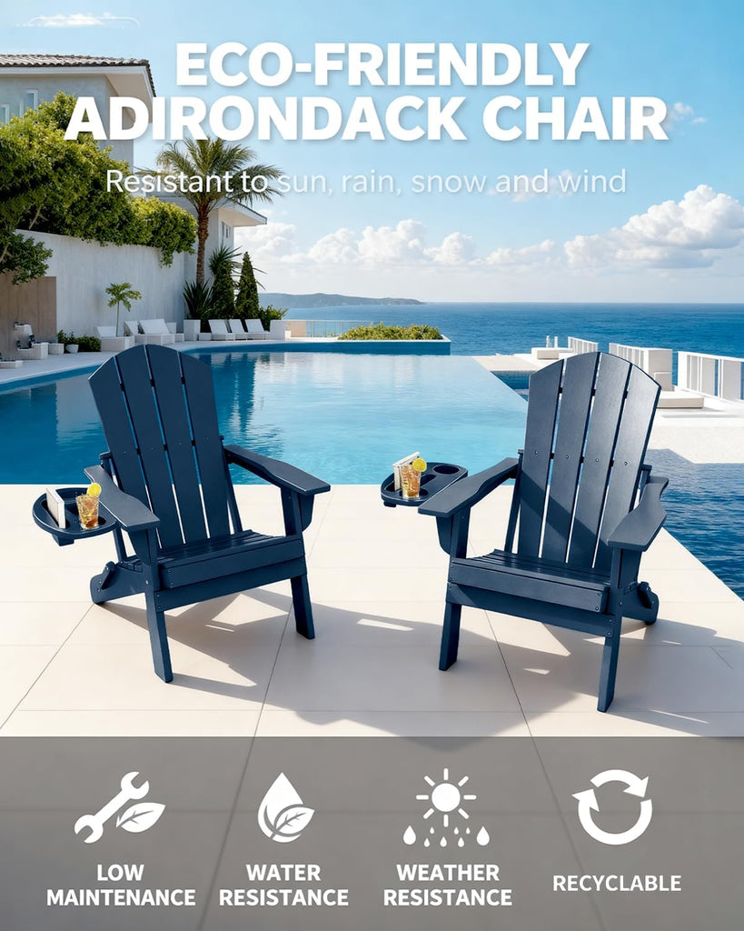 Folding Adirondack Chairs Set of 2 with Cup Holder, HDPE, Navy Blue | Fire Pit Chair with Multifunctional Cup Holder