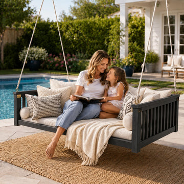 Outdoor Porch Swing Bed, Twin Size Acacia Wood Hanging Daybed with Hemp Ropes, Minimalist Patio Swing Bed for Garden