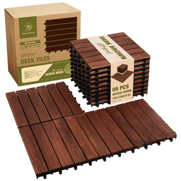 Acacia Wood Interlocking Deck Tiles, Patio & Backyard Tile, 12 in, 9 PCS