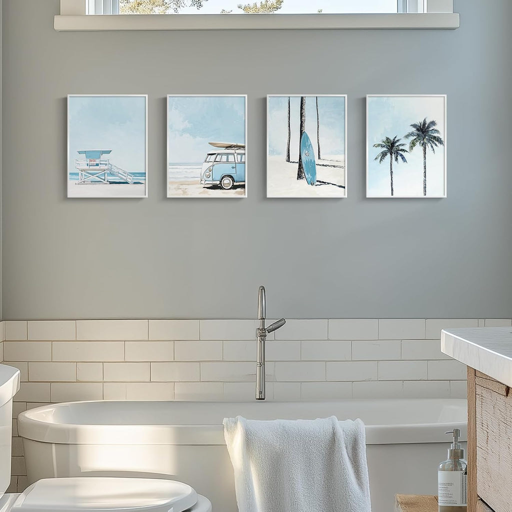 Framed Blue Coastal Beach Wall Art for Room Decor, 4 Piece Beach Ocean Bathroom Canvas Pictures Prints, Palm Tree