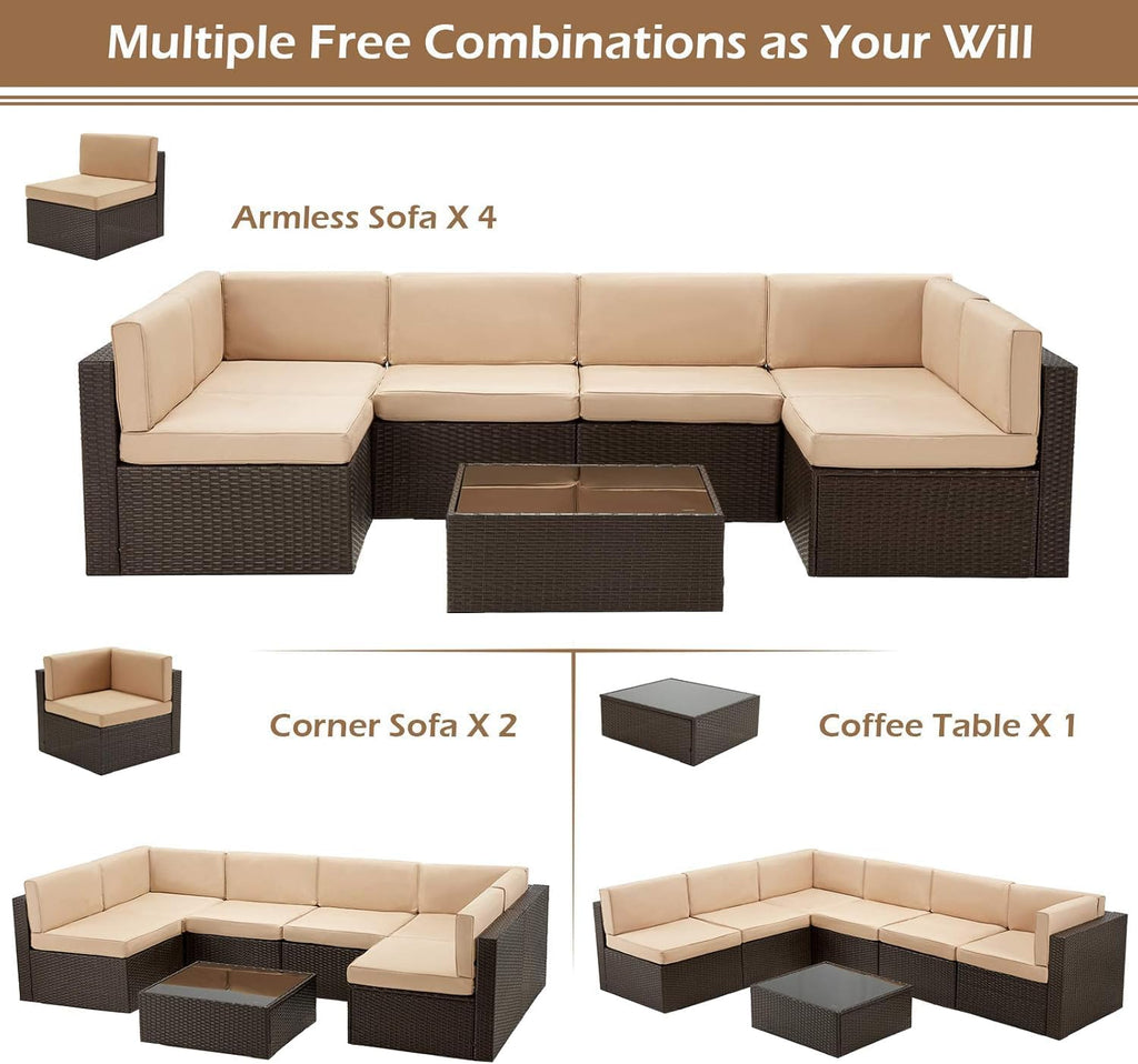 7 Piece Outdoor Patio Furniture Set, PE Rattan Wicker Sofa Set, Outdoor Sectional Furniture Chair Set with Cushions