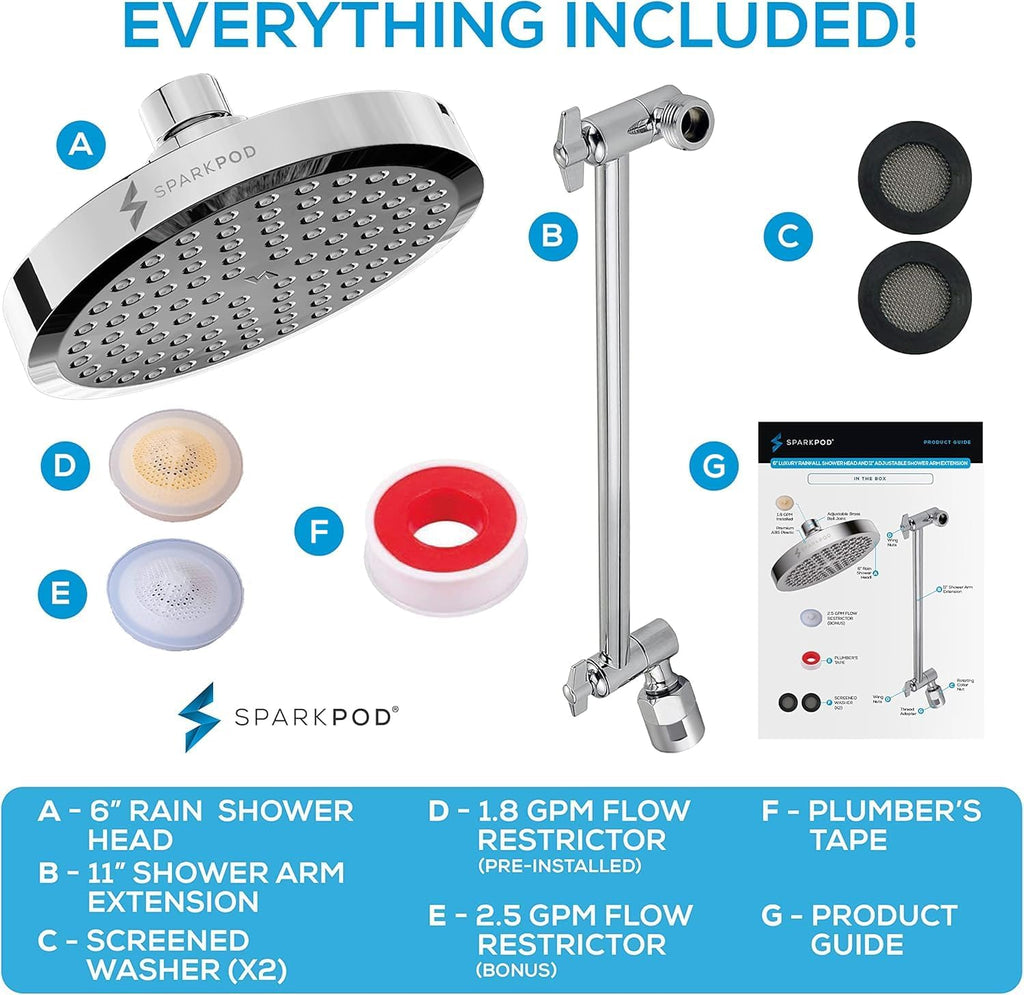 Round Rain Shower Head with Extension Arm - Height Adjustable Shower Head with High Pressure Performance