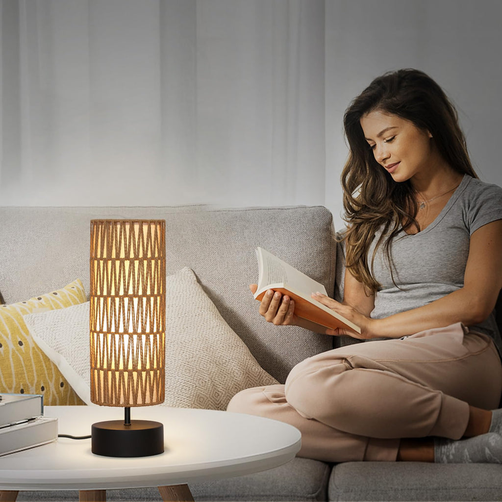 Rattan Table Lamp, Touch Control Bedside Table Lamp with Black Base, 3 Way Dimmable Nightstand Lamp with Dual-layer
