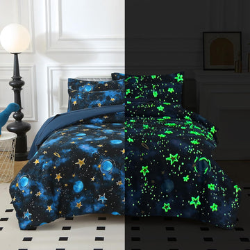 Glow in The Dark Kids Comforter Set, 3 Pieces Blue Space Bedding Set Twin for Boys Girls Teen, 1 Comforter, 1 - Set of 3