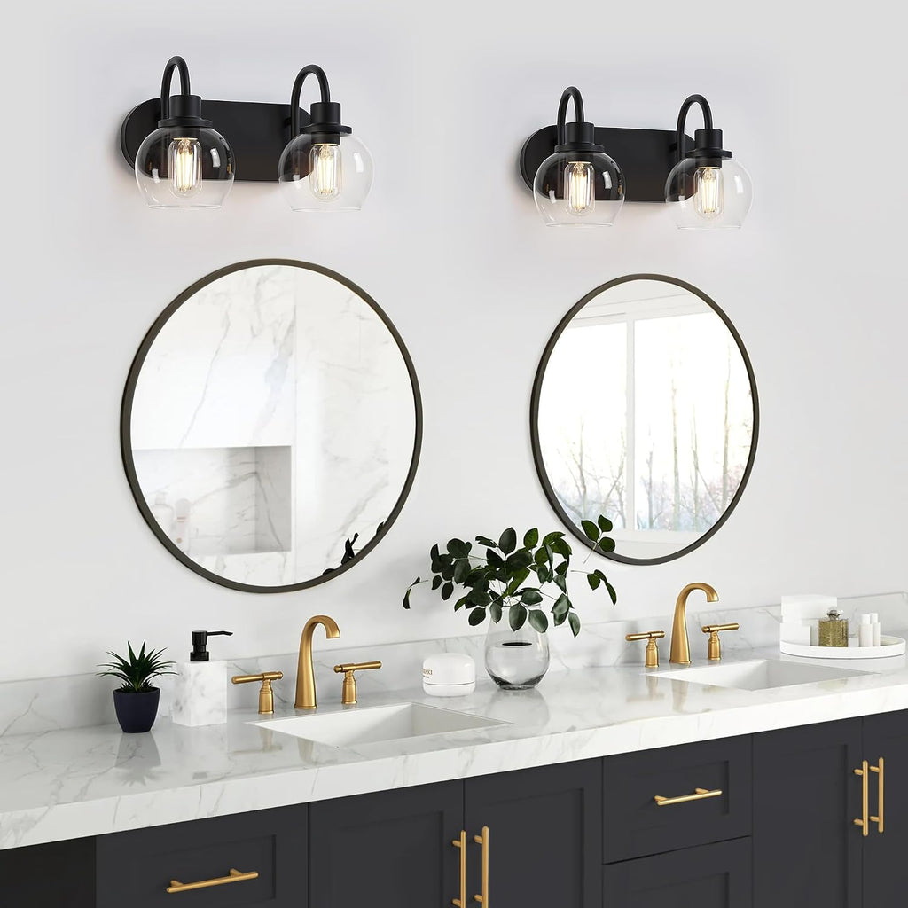 Modern 2-Light Vanity Light, Bathroom Lighting Fixture Over Mirror With Clear Glass Shade and Metal Base, Matte Black