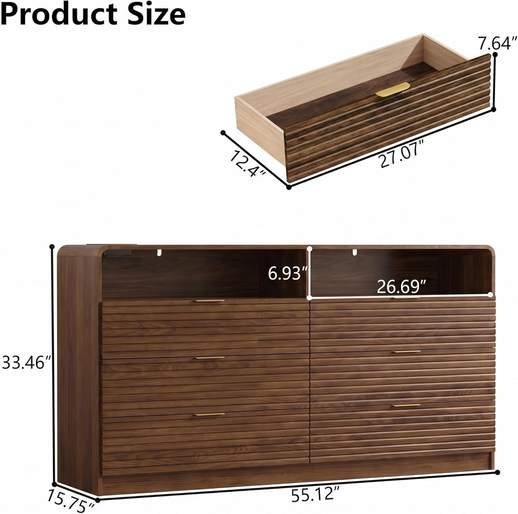 55'' Wide Fluted 6 Drawers Dresser with 2 Cubbies, LED Dressers & Chests of Drawers with Power Outlet, Fluted Dresser