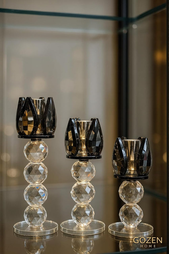 Quality Crystal Candle Holder Set 3 Piece Black Modern Glam for Dining Table, Console, Living Room - 6.3" x 5.5" - Black