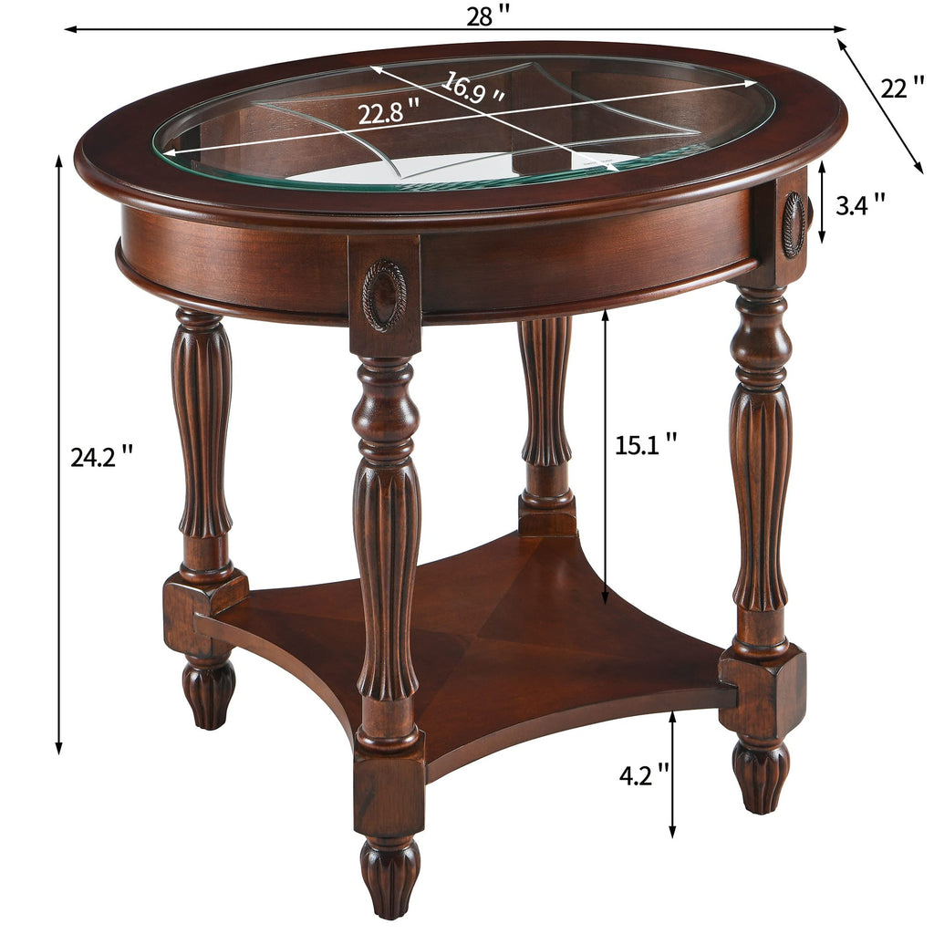 Oval Round Glass End Table, 2-Tier Solid Wood Glass Top End Side Tables, Traditional Victorian Nightstand Living Room