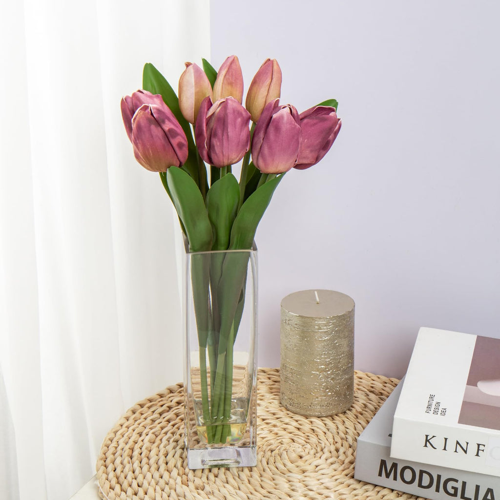 Fake Flowers Artificial Tulip Flower Purple in Clear Vase, Real Touch EVA Tulip Arrangement Suitable Fall Decoration