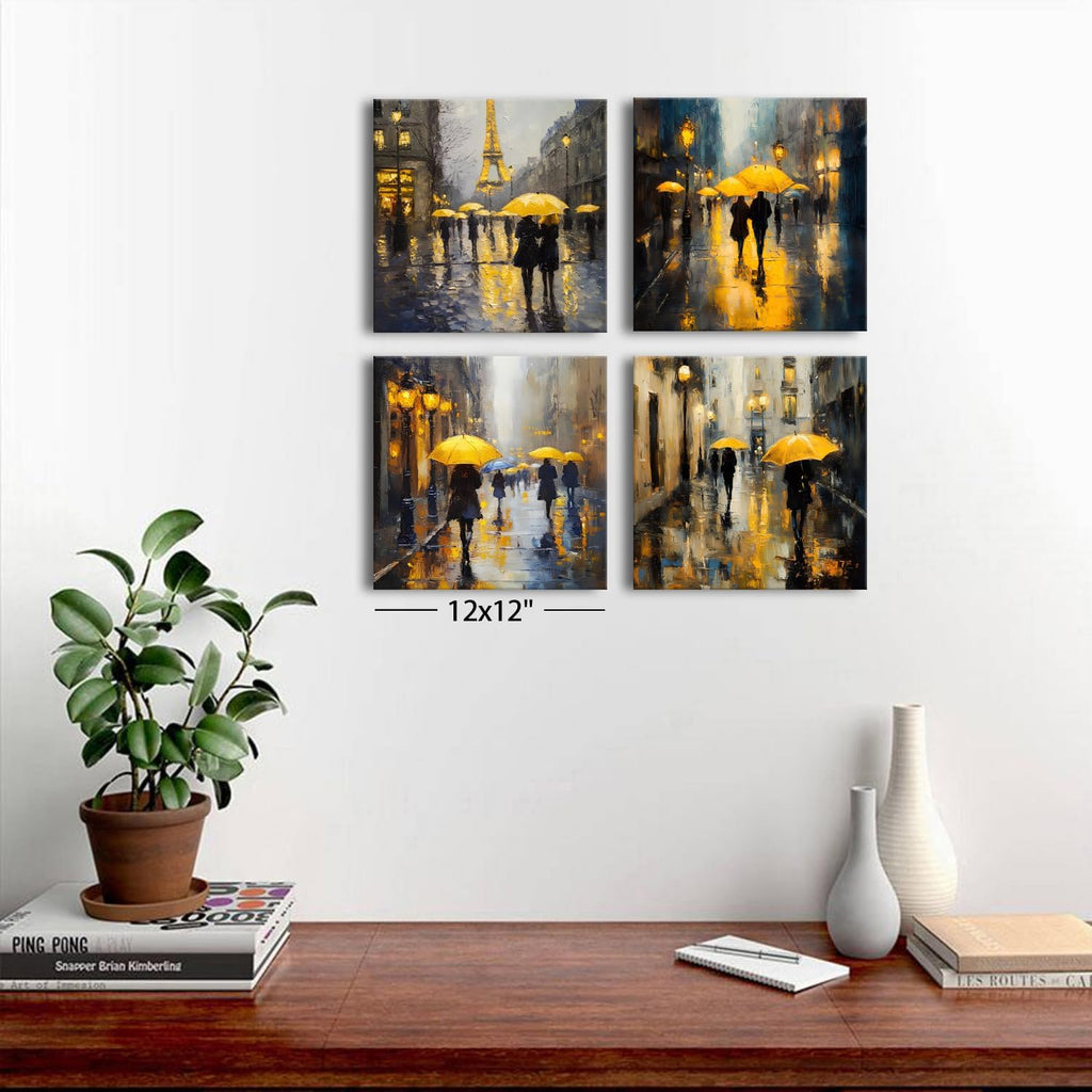 Abstract Paris Wall Art City Pictures Rainy Street Landscape Paintings Canvas Prints Yellow and Grey Wall Decor