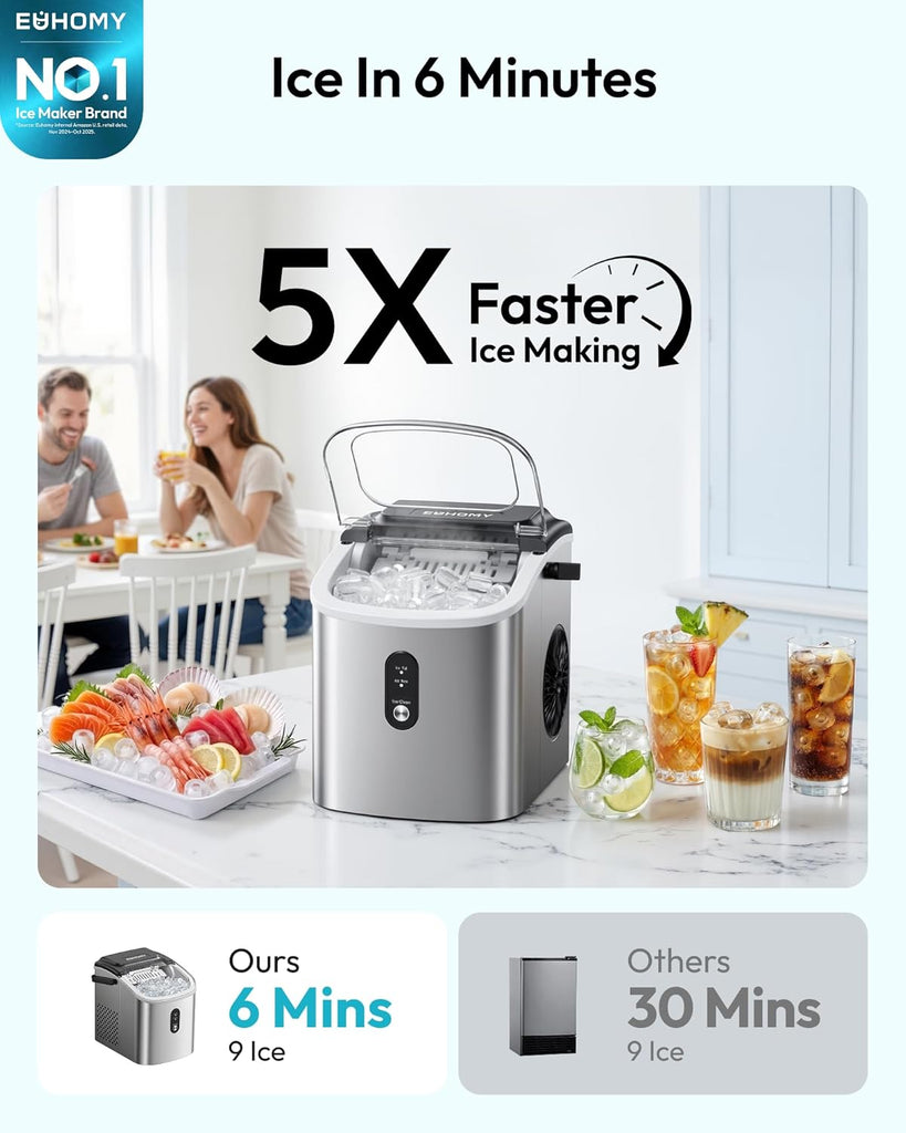 Ice Maker Countertop, Portable Ice Machine with Carry Handle, 26.5lbs Per Day, 9 Cubes in 6 Mins, Auto-Cleaning