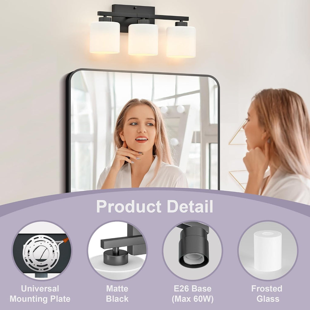 Bathroom Light Fixtures Black, 3-Light Vanity Lights Over Mirror | Modern Bathroom Vanity Light, Frosted Shades