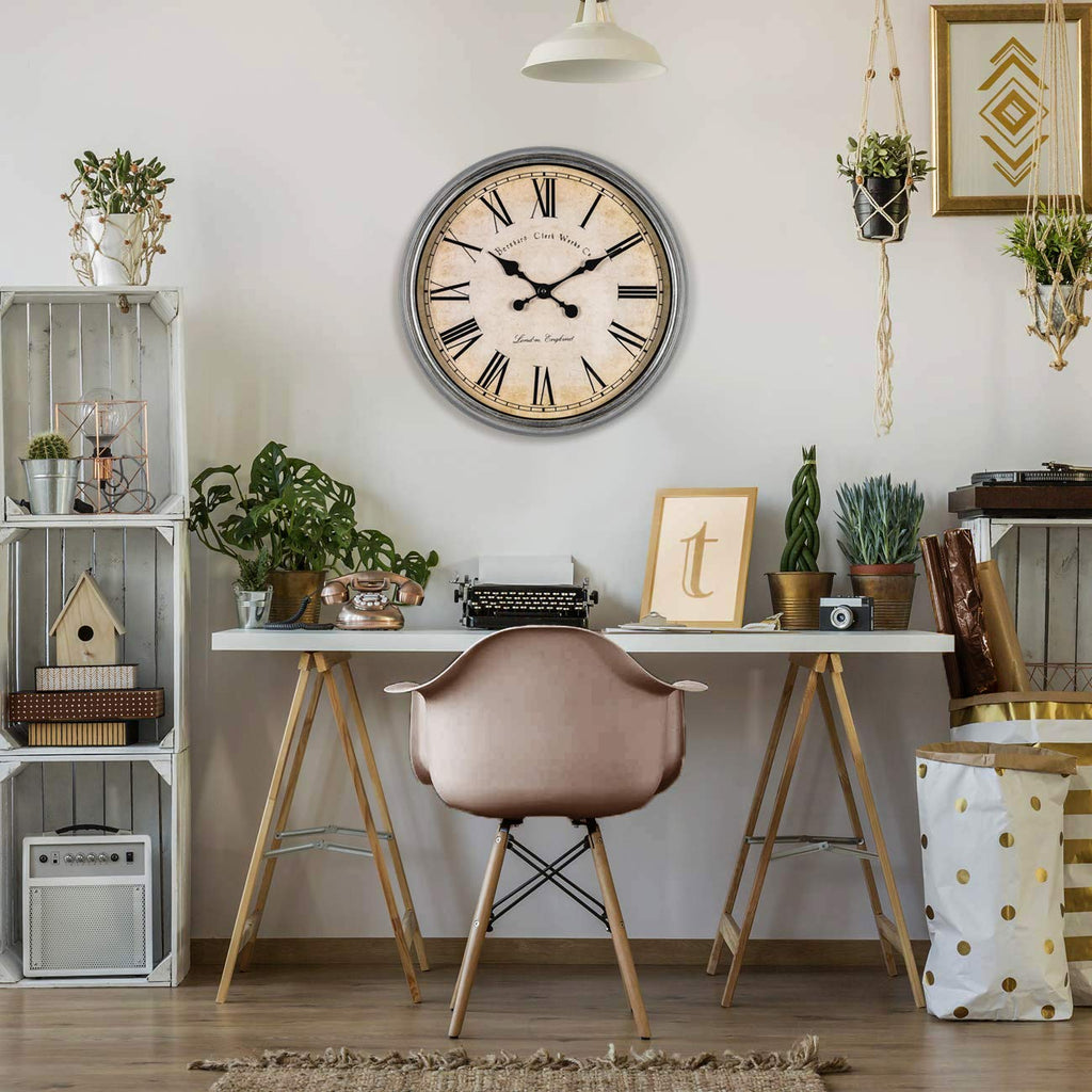 Large Decorative Wall Clock 20 Inch Silent Non Ticking Battery Operated Quartz Vintage Stylish with Rustic Silver Rim