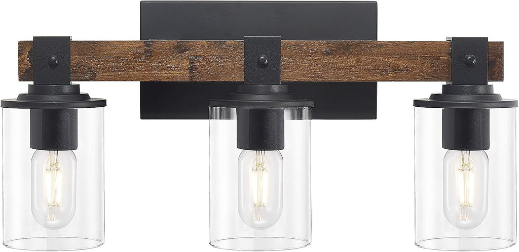 Farmhouse Vanity Light Fixture,3-Light Bathroom Wood Wall Light Over Mirror with Clear Glass Shade, Rustic Vintage
