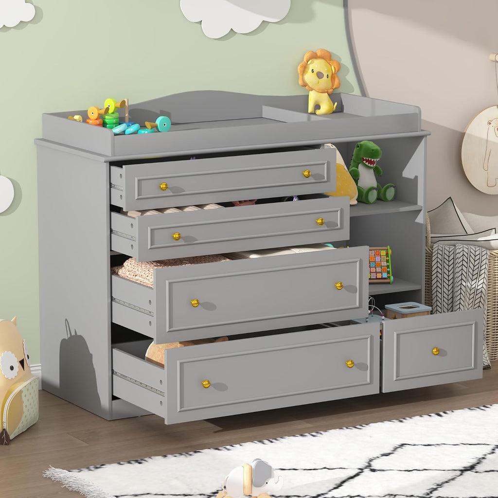 Grey Changing Table Dresser, Baby Nursery Dresser, Baby Diaper Changing Table, 5 Drawers, Adjustable Shelves, Metal
