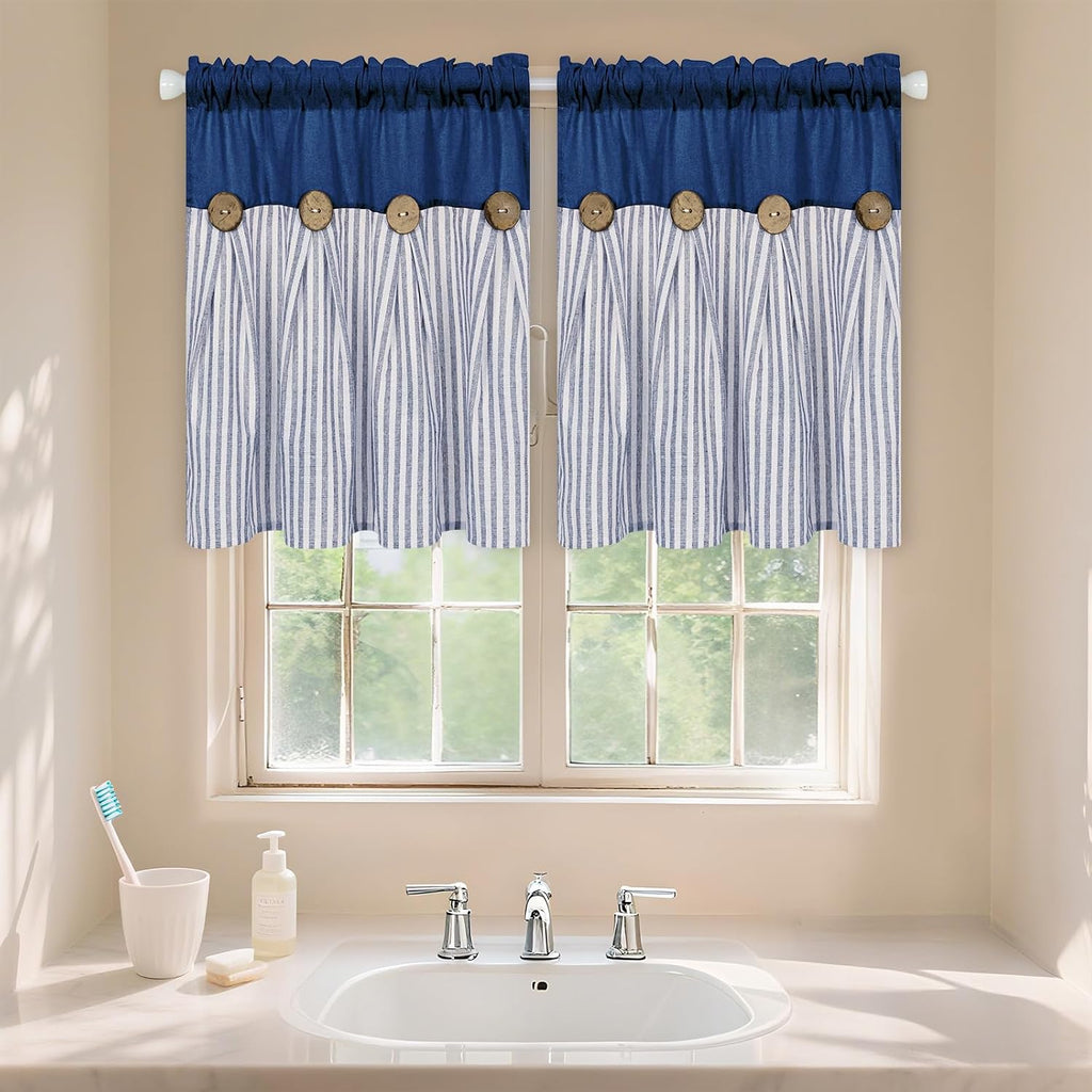 Farmhouse Curtains, Boho Bedroom Curtains with Rustic Buttons, Cotton Linen Back Tab Drapes Blue Striped Light