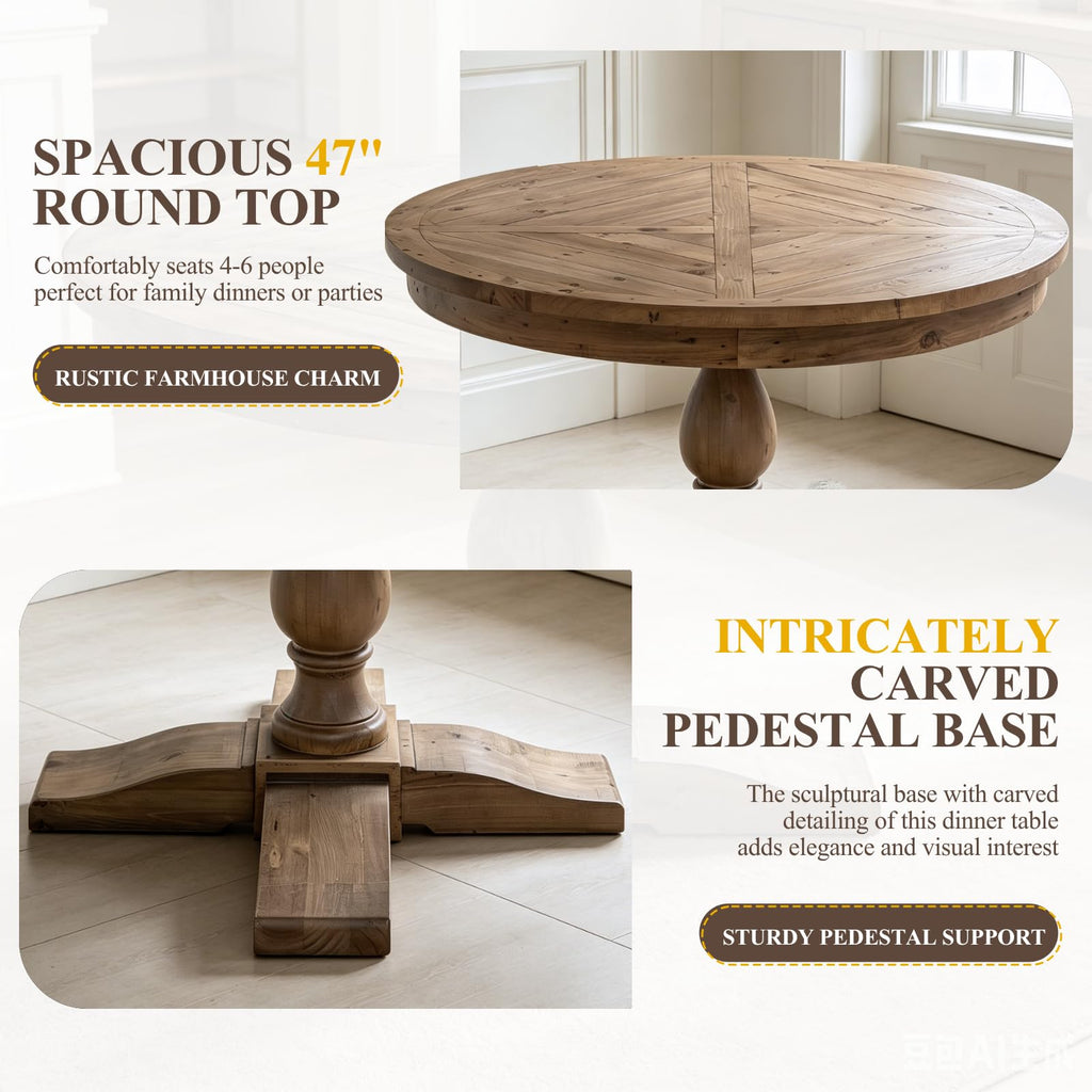 47" Round Dining Table with Wooden Pedestal Base, Reclaimed Pine Wood Dinner Table for 4, Heavy Duty Pedestal Table