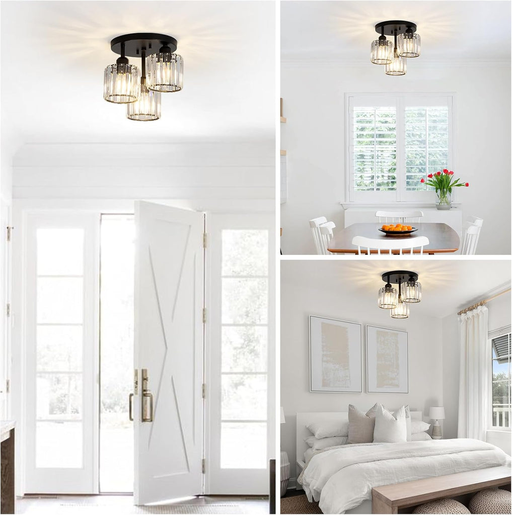 Crystal Semi Flush Mount Ceiling Light,3-Light Modern Close to Ceiling Light Fixtures,Black Kitchen Light Fixtures