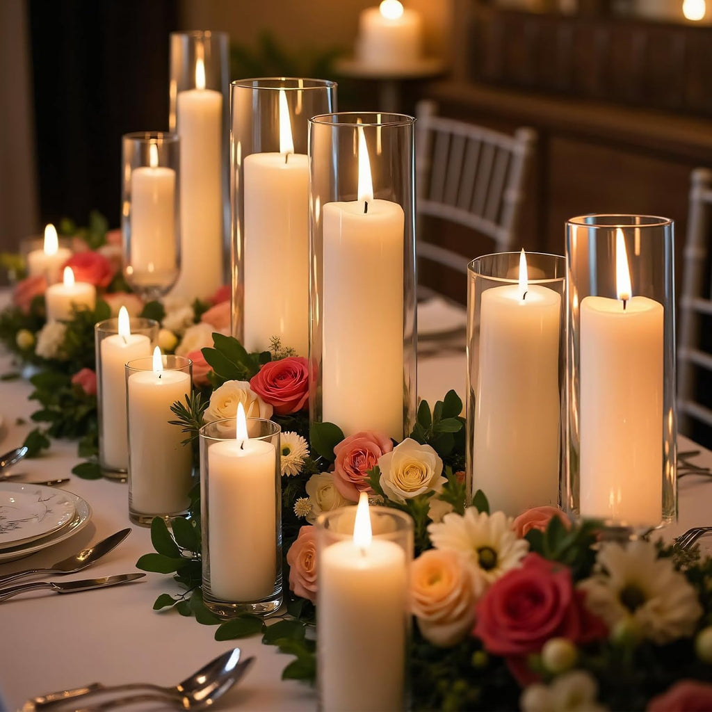 12 PCS White Pillar Candles with Glass Candle Holders Clear Hurricane Candle Holders Glass Cylinder Vases for