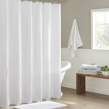 Arlo Shower Curtain , 72 x 72, White | Waffle Weave, Cotton, Adds Privacy, Machine Washable, OEKO-TEX Certified