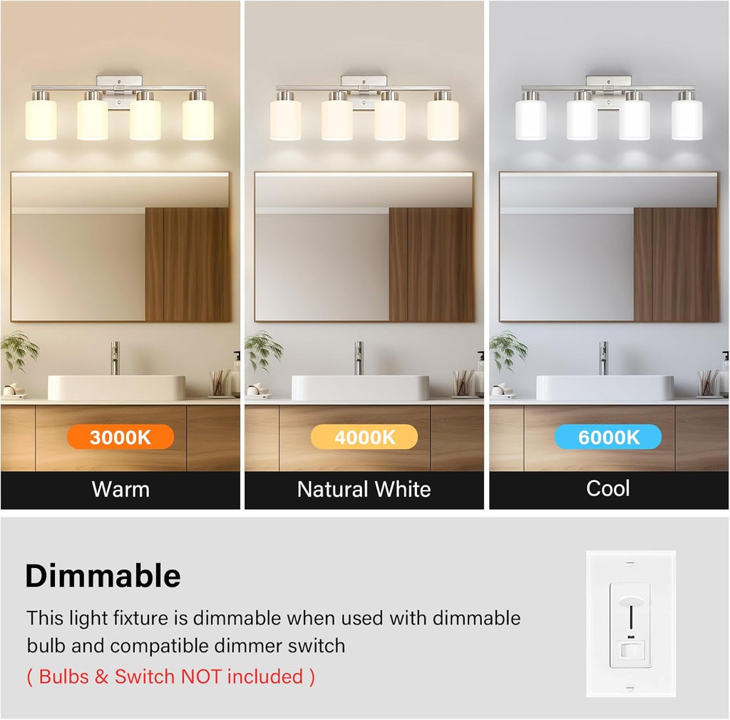 Brushed Nickel Bathroom Light Fixtures Vanity Lights Over Mirror | Modern 4-Light lighting fixtures with Milky White