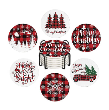 Christmas Absorbent Coasters with Holder Set of 6, Ceramic Stone with Cork Base, Red Buffalo Plaid Design Coaster for
