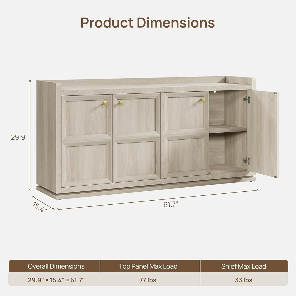 61.7" Wide 4-Door Buffet Cabinet, Extra Long Sideboard with 2 Separate Bays & Adjustable Shelves