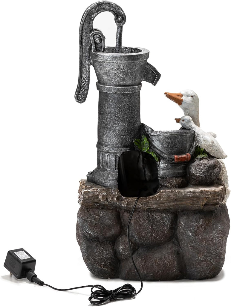24" Farmhouse Duck Outdoor Fountain with LED & Pump - 2-Tier Cascading Water Fountain for Outside Garden Decor
