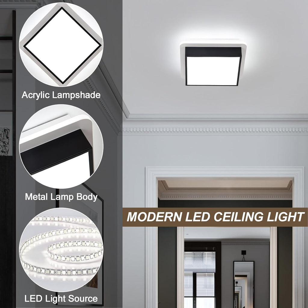 Modern Led Ceiling Light, 6000K Small Flush Mount Ceiling Light Fixture, Square Black Hallway Lighting Fixtures