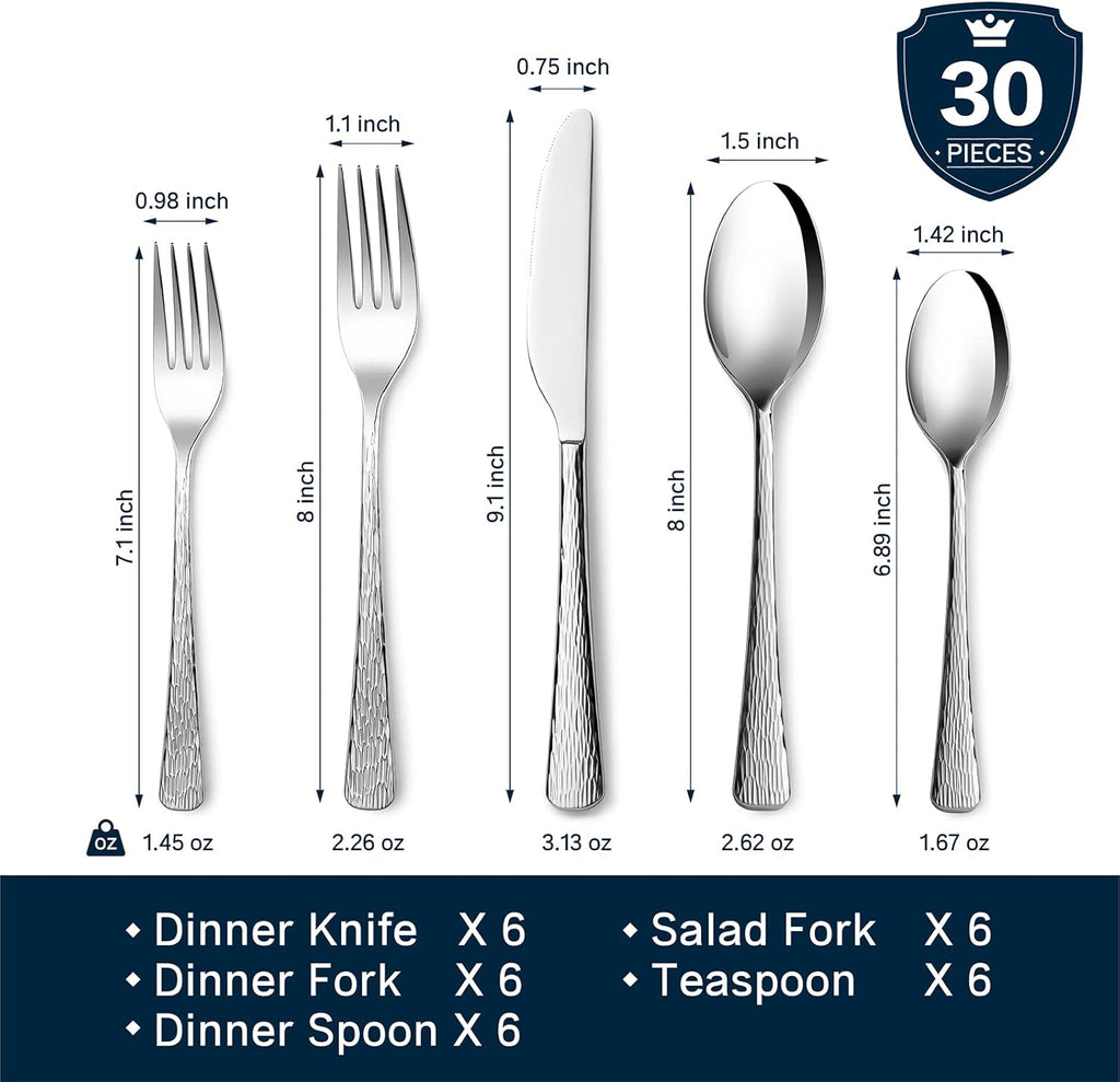 Hammered Silverware Set, 30-Piece Flatware Set