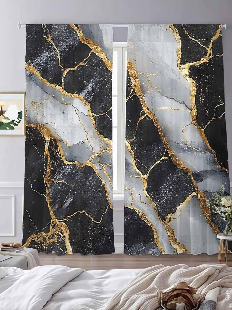 Sheer Curtains 2 Panels Set, Marble Black Semi Sheer Curtains for Windows, Grey Granite Surface Luxury