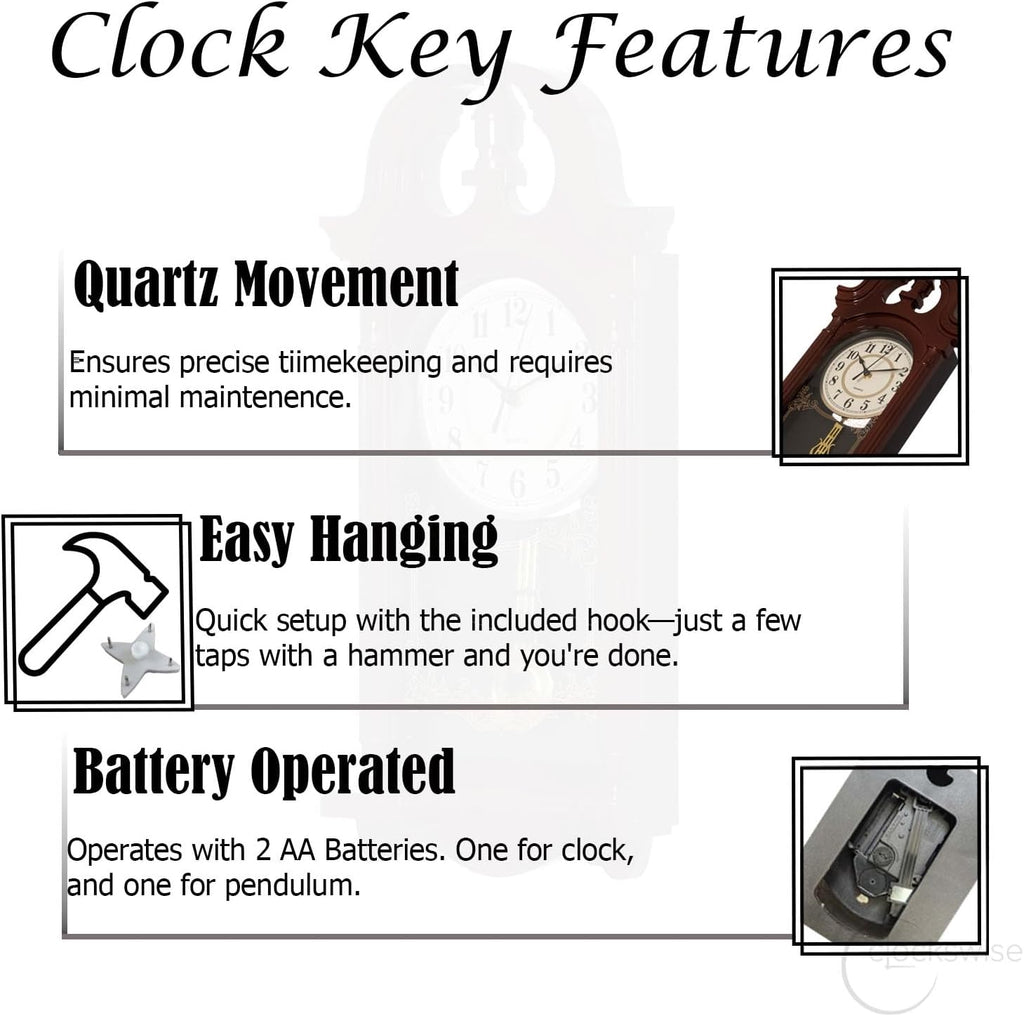 Clockswise Vintage Grandfather-Style Wall Clock with Wood-Effect Plastic Pendulum Battery-Operated for Home Decor Living Room Home...